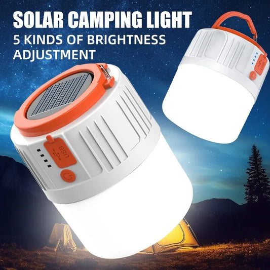 Lâmpada portátil, energia solar, ideal para área externa, campo, camping, pesca, estrada, viagem, passeio, caminhadas, emergências. Luz LED solar recarregável, USB, 5 modos de iluminação.