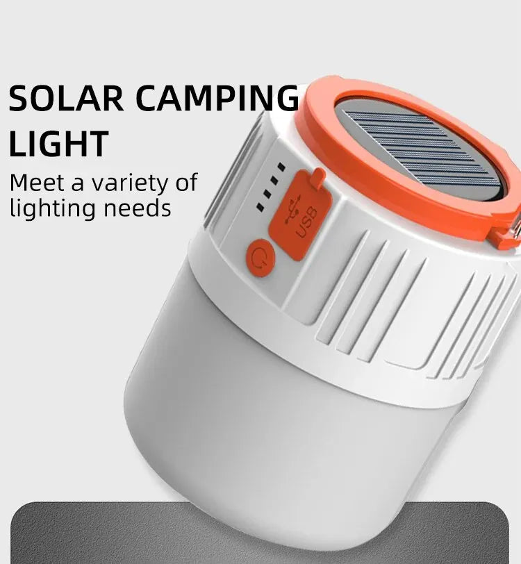 Lâmpada portátil, energia solar, ideal para área externa, campo, camping, pesca, estrada, viagem, passeio, caminhadas, emergências. Luz LED solar recarregável, USB, 5 modos de iluminação.