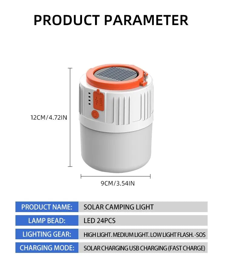 Lâmpada portátil, energia solar, ideal para área externa, campo, camping, pesca, estrada, viagem, passeio, caminhadas, emergências. Luz LED solar recarregável, USB, 5 modos de iluminação.