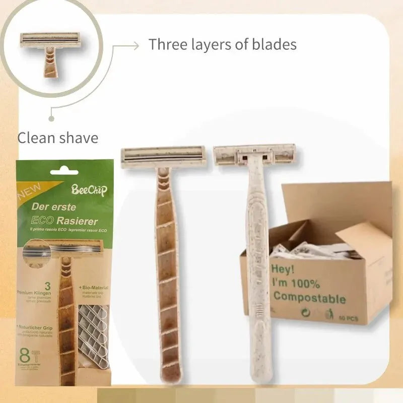 8pçs Lâmina de barbear, ecológica, biodegradável, ferramenta de barbear tripla, descartável, portátil, viagem