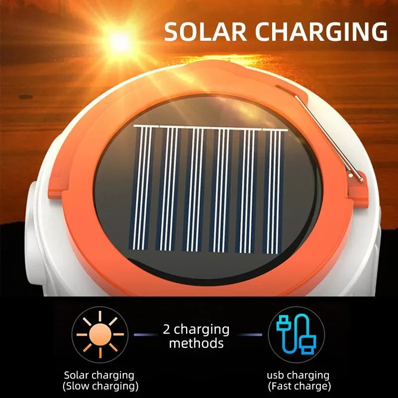 Lâmpada portátil, energia solar, ideal para área externa, campo, camping, pesca, estrada, viagem, passeio, caminhadas, emergências. Luz LED solar recarregável, USB, 5 modos de iluminação.